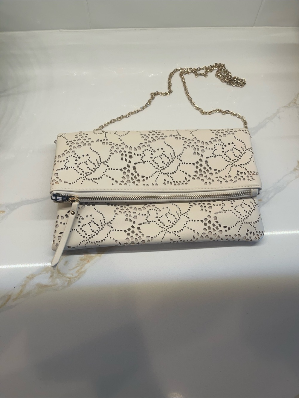 Urban Expressions Cream Laser-Cut Floral Chain Clutch